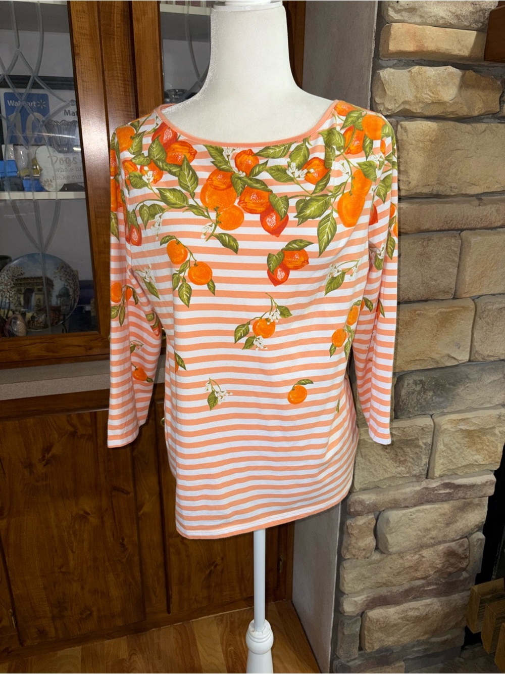 The Talbots Tee 3/4 sleeve orange & white striped shirt with oranges